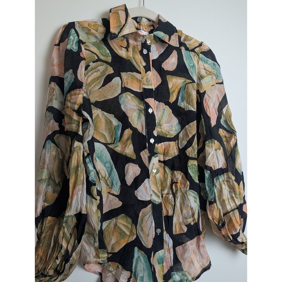 Luxxel Womens S Black Abstract Floral Button Down Button Cuff Long Sleeve Blouse - Picture 3 of 9